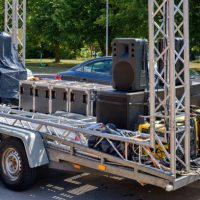 transportation of sound equipment. Musical equipment in a caravan.Selective focus.